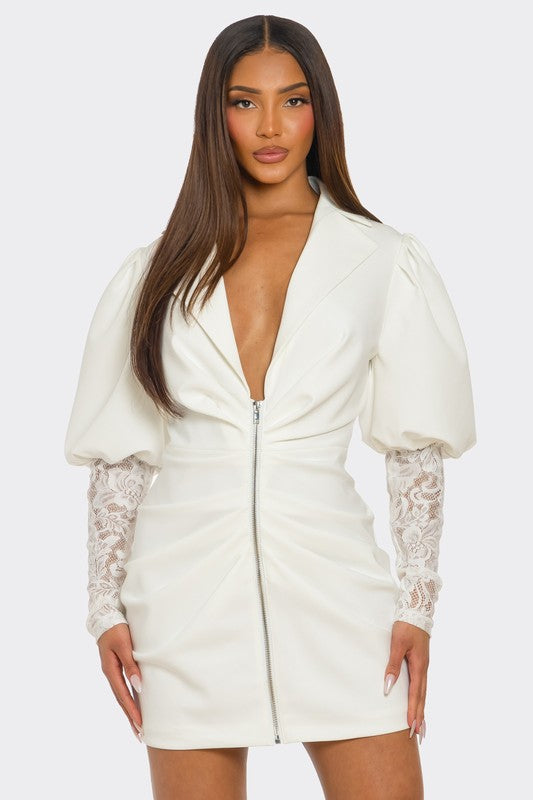 Athina White Puff-Sleeve Zip-Up Dress – SEWL