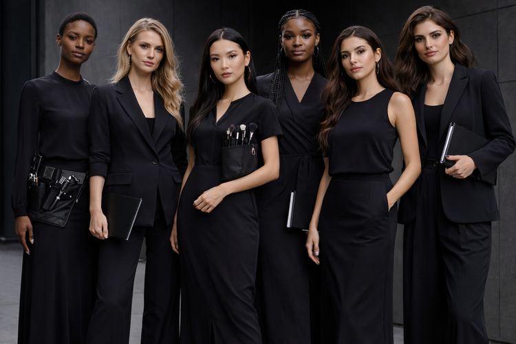 Women in all black professional clothing in the beauty industry.