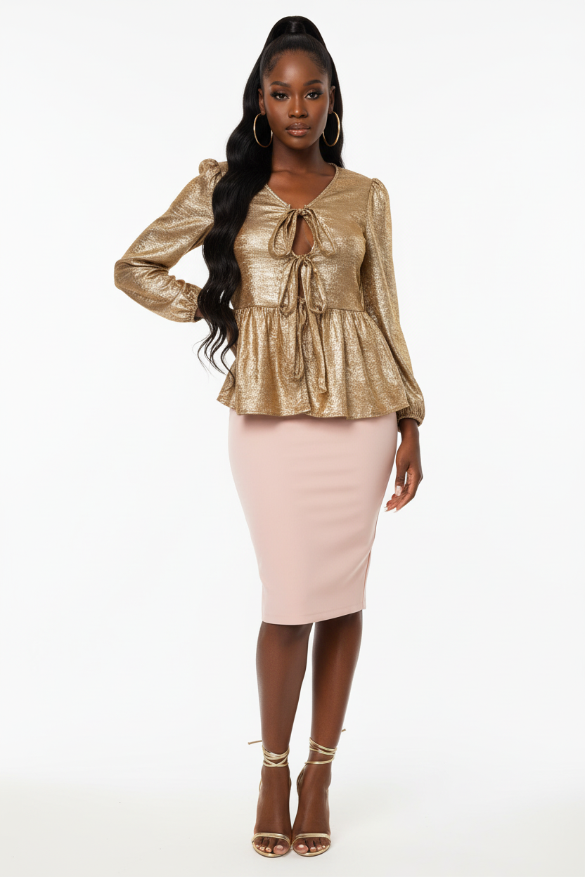 Metallic Tie Front 3/4 Puff Sleeve Peplum Blouse