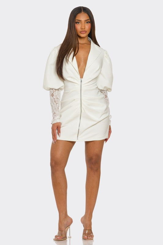 Athina White Puff-Sleeve Zip-Up Dress – SEWL
