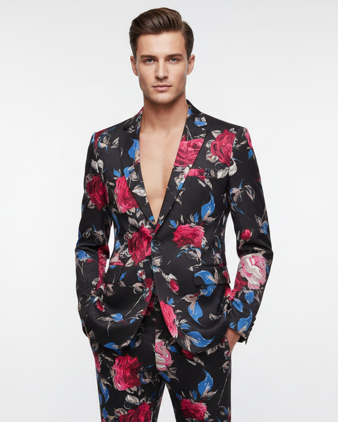 Man wearing a floral suit on a white background