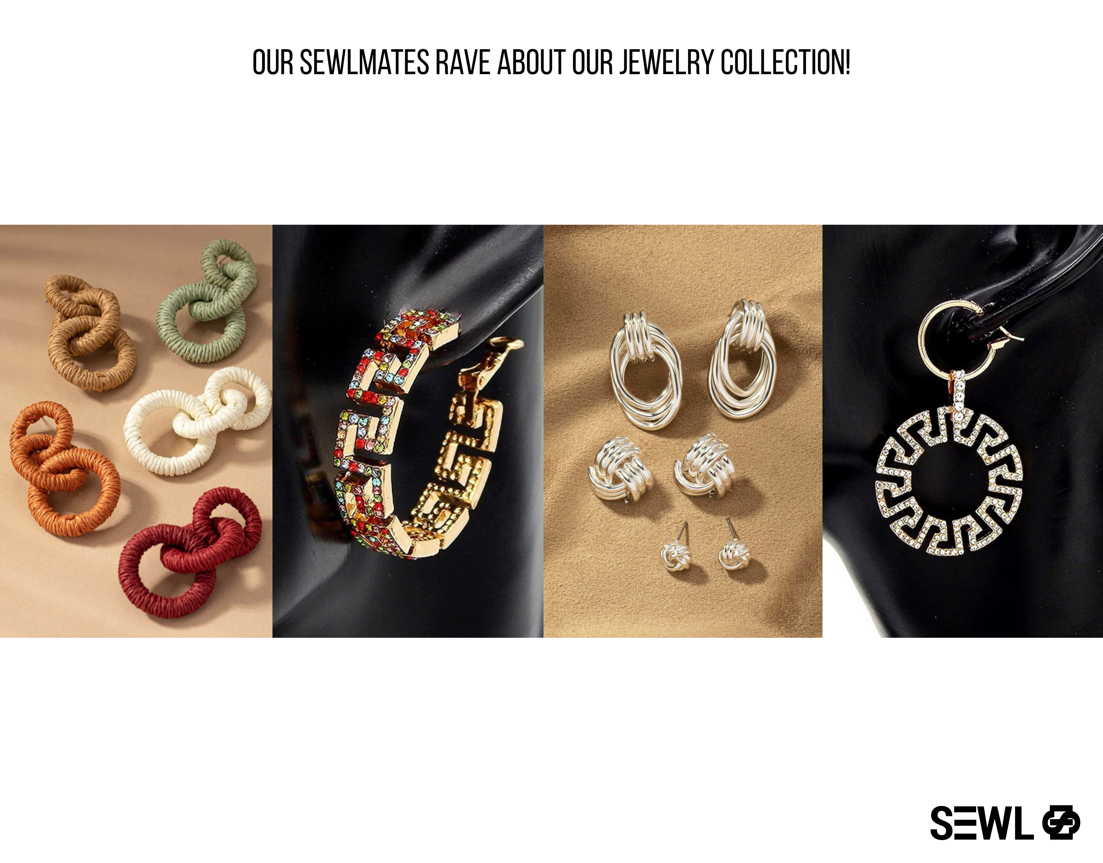 Jewelry collection with various earrings on a neutral background, featuring the brand 'SEWL'.